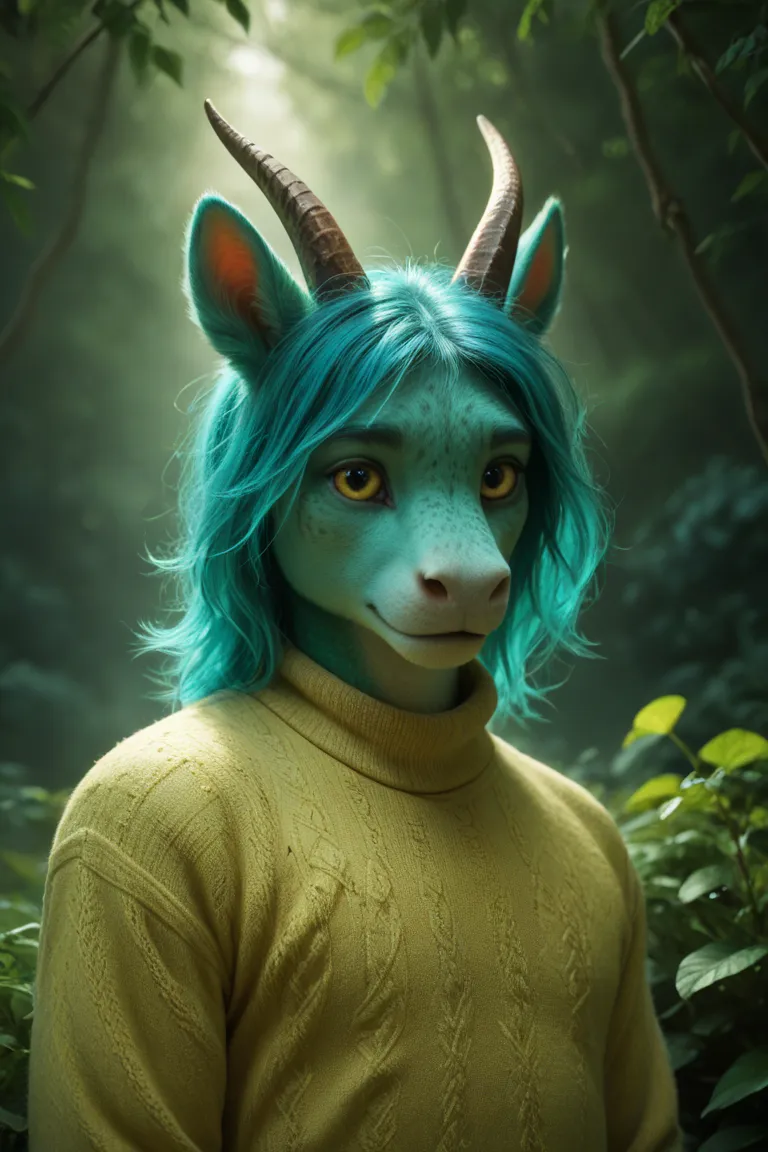 22 years old, male, Seafoam teal skin, animal ears, cyan blue hair, green freckles, boyish face, furry, mammalian, yellow sweater, horns