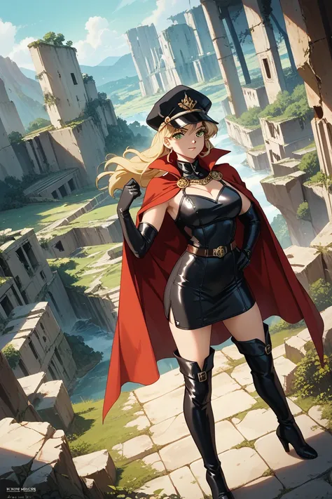 masterpiece, best quality, great image quality, Absard Dress, ,  grins, confident,  half-open, watching viewers,  extended arm , lower back with a cap, watching viewers, standing, Dutch Angle, blonde hair, Cape, mask, green eye, black elbow gloves,  black ...