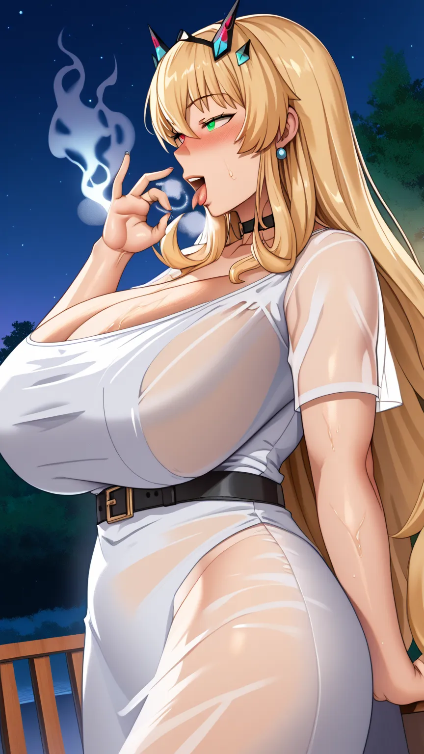 ((TOP QUALITY)), ((masterpiece)), (details),  sexy, Alone,  1girl , mature female, barghestdreampotrait, huge breasts, blonde hair, long hair, green eyes, red eyes,  heterochromia , horns, white dress, short sleeves, choker, cleavage, black belt, see-throu...