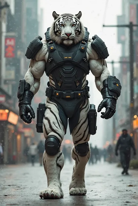 A towering humanoid tiger with a muscular, well-defined male physique walks through a futuristic city. Its powerful body has the curves and proportions of a human, with broad shoulders, and bulging biceps covered in thick white fur. It wears advanced black...