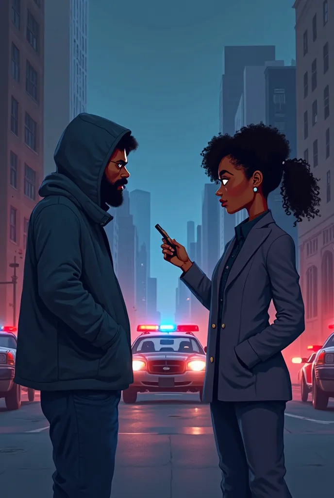  A mysterious man , Police cars and a black woman with the mysterious man cartoon style
