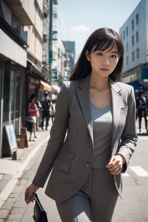 a 30-year-old japanese woman in a sophisticated suit, walking confidently through sunlit streets, portrait, detailed facial features, serious expression, purposeful stride, confident posture, high quality, masterpiece, ultra-detailed, photorealistic, profe...