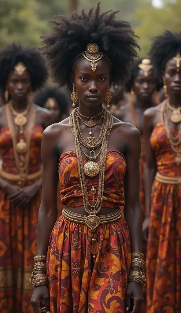 a woman in a african nigerian dress standing in front of a group of black women, stunning african princess, african queen, black african princess, wakanda, african woman, african domme mistress, the smooth black lioness, trending on 8k, african princess, c...