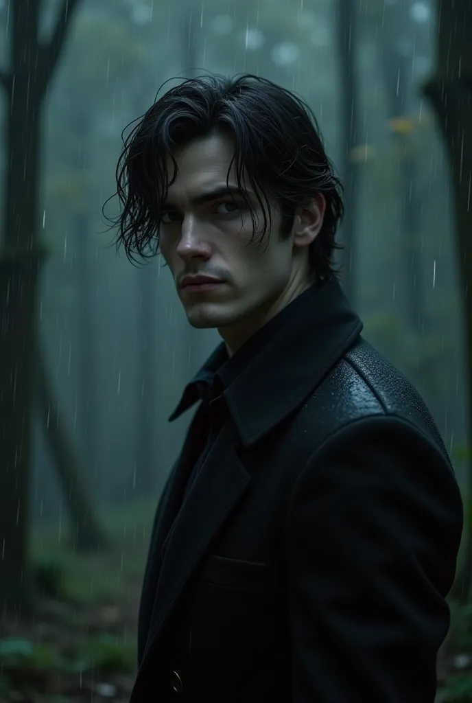  27-year-old male, Muscular and strong,  Greek , German, medium length black hair. light brown eyes, Thin fleshy lips,  straight nose, thick black eyebrows, Let him be a vampire, sexy. Background: a large forest at night, That it is raining .