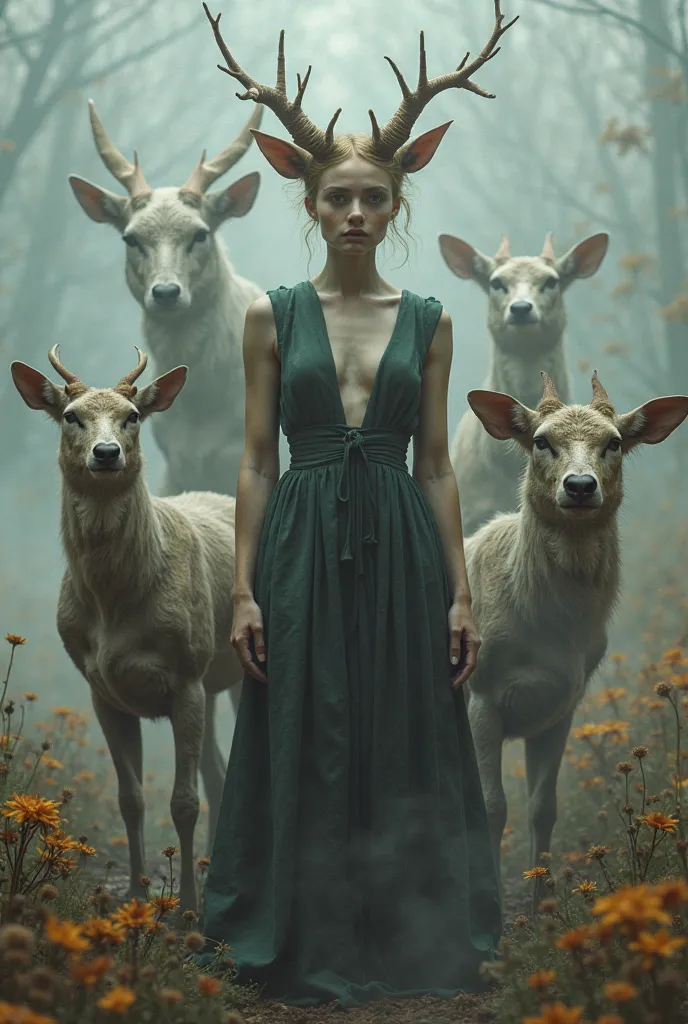 A photography surrealism with bunch of hybrids animals and a 1 person supermodel