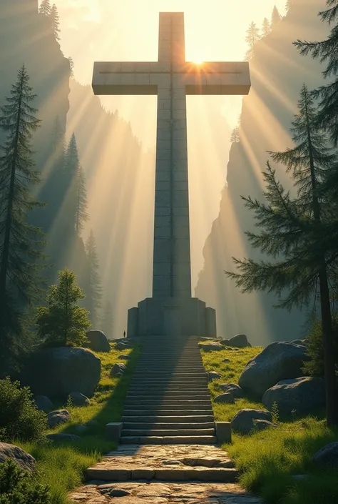 a cross, big,  with , with two stone steps,  on top of a mountain, Mountain full of trees, árvores bigs,Lawn with sunbeams coming out from behind the cross