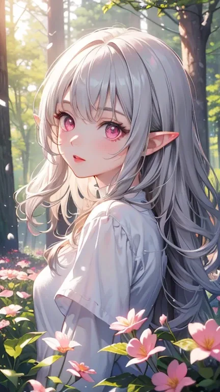 (Masterpiece、8K、highest quality)、( soft light:1.3), detailed face, fine grain, dress, beautiful digital artwork, landscape, illuminate from the background,  lots of flowers , forest, bright eyes,  Pink Eyes, pointy ears fairy, lightweight lipstick, winters...