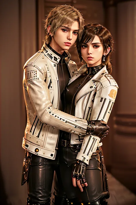 ((Final fantasy taste and reality graphics)), ((Japanese young cute and cool ikemen  boy)), his age is early 20s, thin eyebrows and beady eyes,, (((((boy wearing cream-white color thick leather and single-brest double zipper jacket))))), ,(((((jacket is vo...