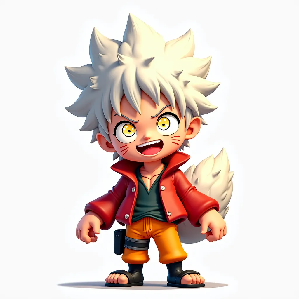  expression, inspired by Gear 5 Luffy and Naruto. The character has fluffy, cloud-like white hair with a wild, energetic look, glowing eyes full of mischief and excitement, and a confident, playful smile. It has Naruto’s signature whisker marks on its chee...