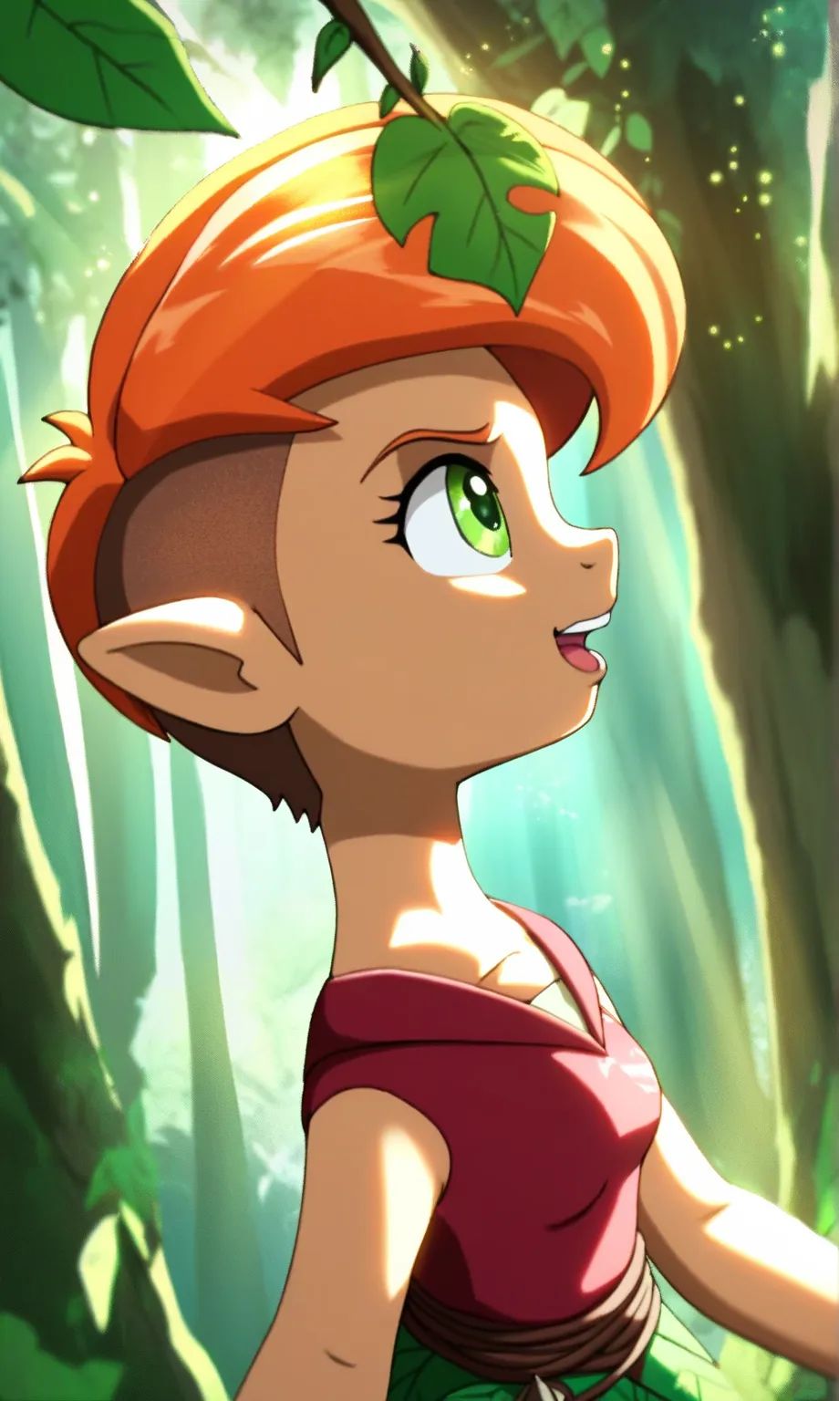 Edyn, 1girl, dark-skinned female, orange hair, pixie cut hair, , green eyes, green leggings , pointy ears, maroon tank top, leaf skirt red long cape