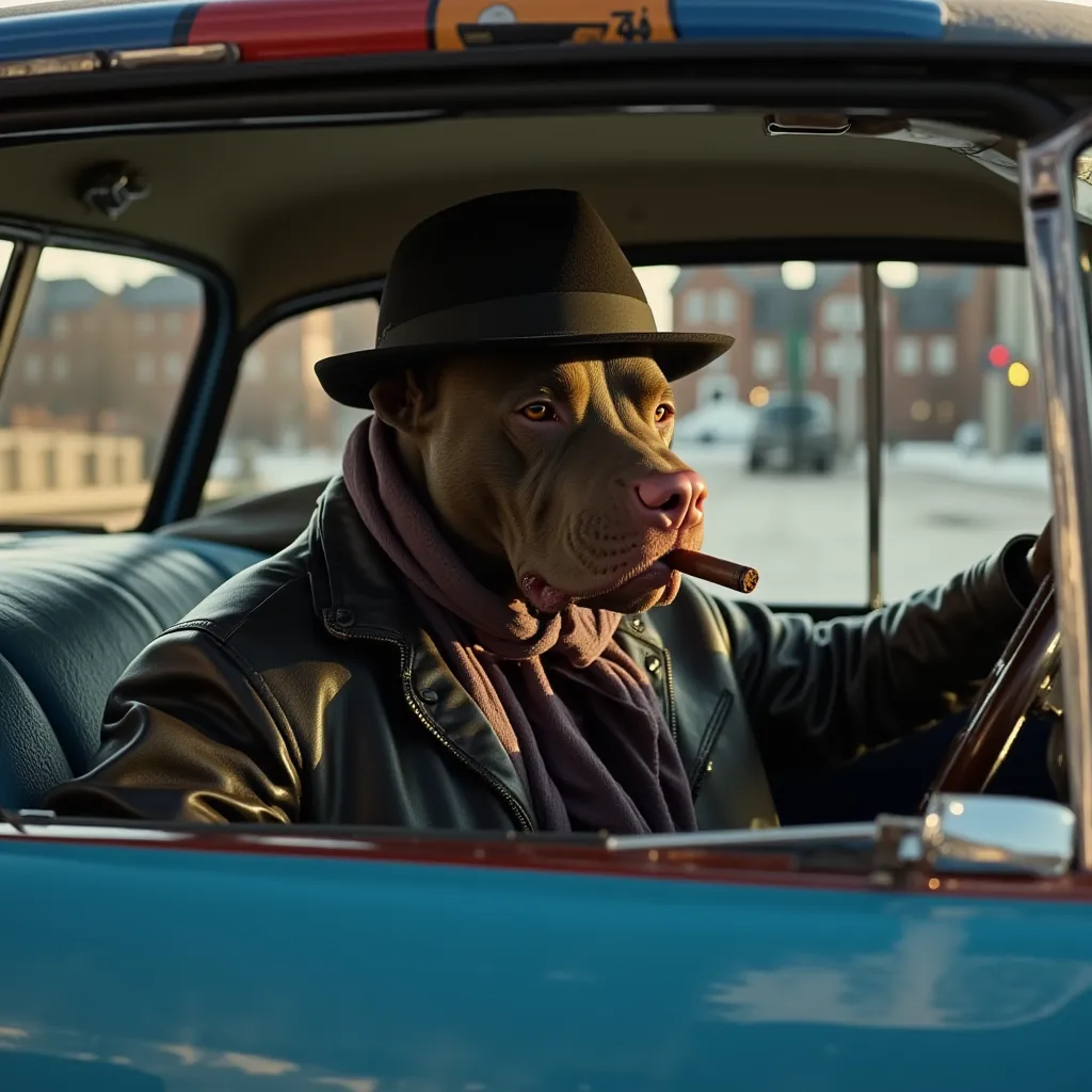 ((Photorealizim, 8k rendering, maximum quality , high detail,))  pitbull   in a hat , leather jacket and scarf ,  rushes behind the wheel of his car (1950s buick )  with a blue police flasher , against the backdrop of New York 1950 ,  close-up, holds the w...