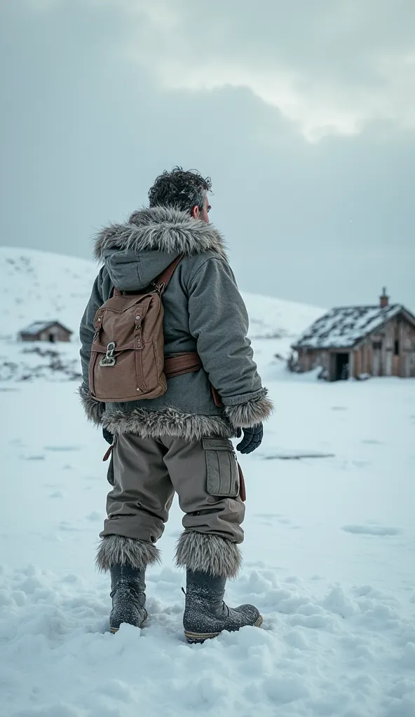 A rugged trapper named Joe Labelle, dressed in traditional 1930s outdoor gear, standing with his back to the viewer, overlooking an isolated Inuit village in northern Canada. The vast, snow-covered landscape stretches endlessly before him, with a few weath...