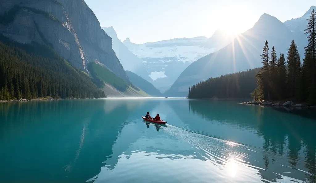 Glacial blue waters reflect the snow-capped peaks surrounding Lake Louise in the Rocky Mountains. The morning sun gently illuminates the pine forest, and a lone kayak glides across the surface of the water. A place where time seems to stop.