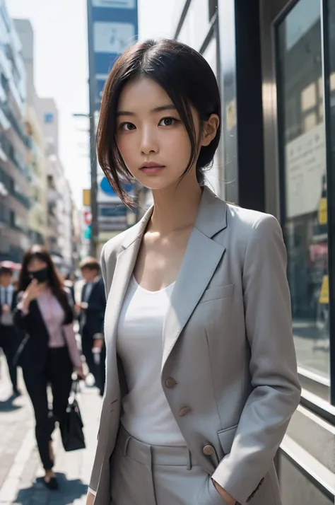 a 30-year-old japanese woman in a sophisticated suit, walking confidently through sunlit streets, portrait, detailed facial features, serious expression, purposeful stride, confident posture, high quality, masterpiece, ultra-detailed, photorealistic, profe...