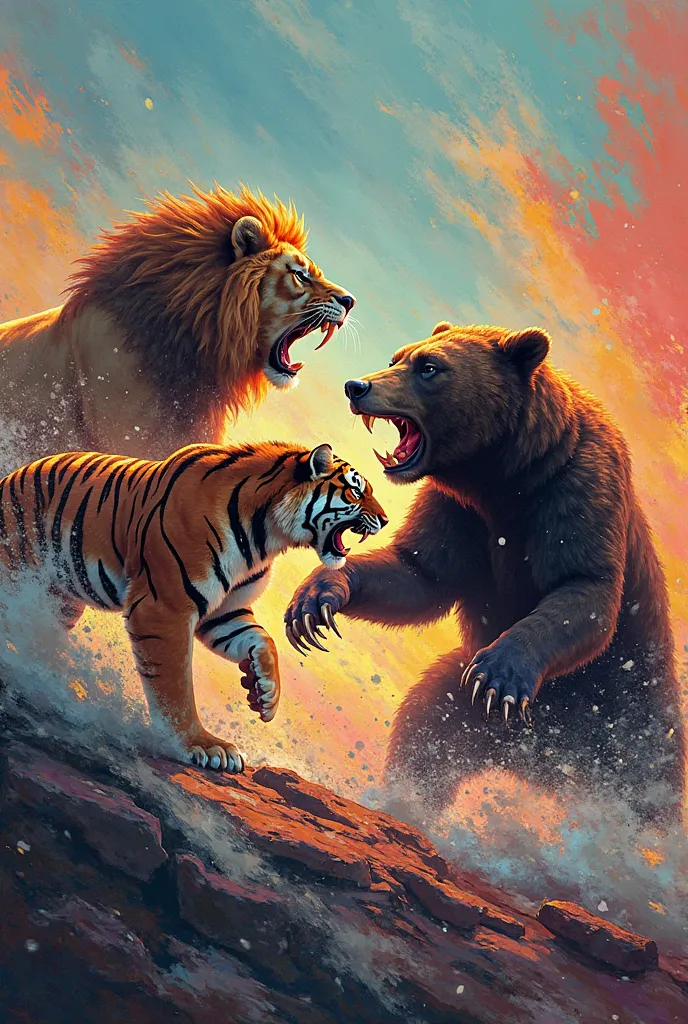 3 animals a lion, tiger, bear all fighting each other in full bright colors that look light a painting art 