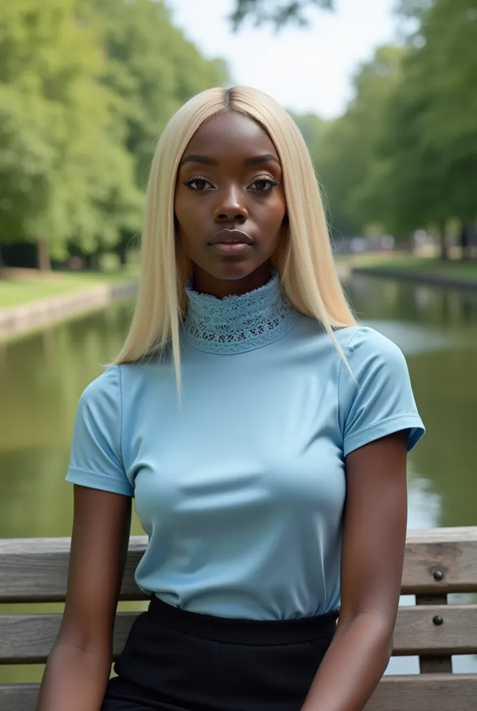 A beautiful black woman with straight blond hair has an extremely long neck. She wears a short-sleeved light blue turtleneck made of satin with lace details, of a color that highlights her figure. The collar of the garment is high and tight, remaining comp...