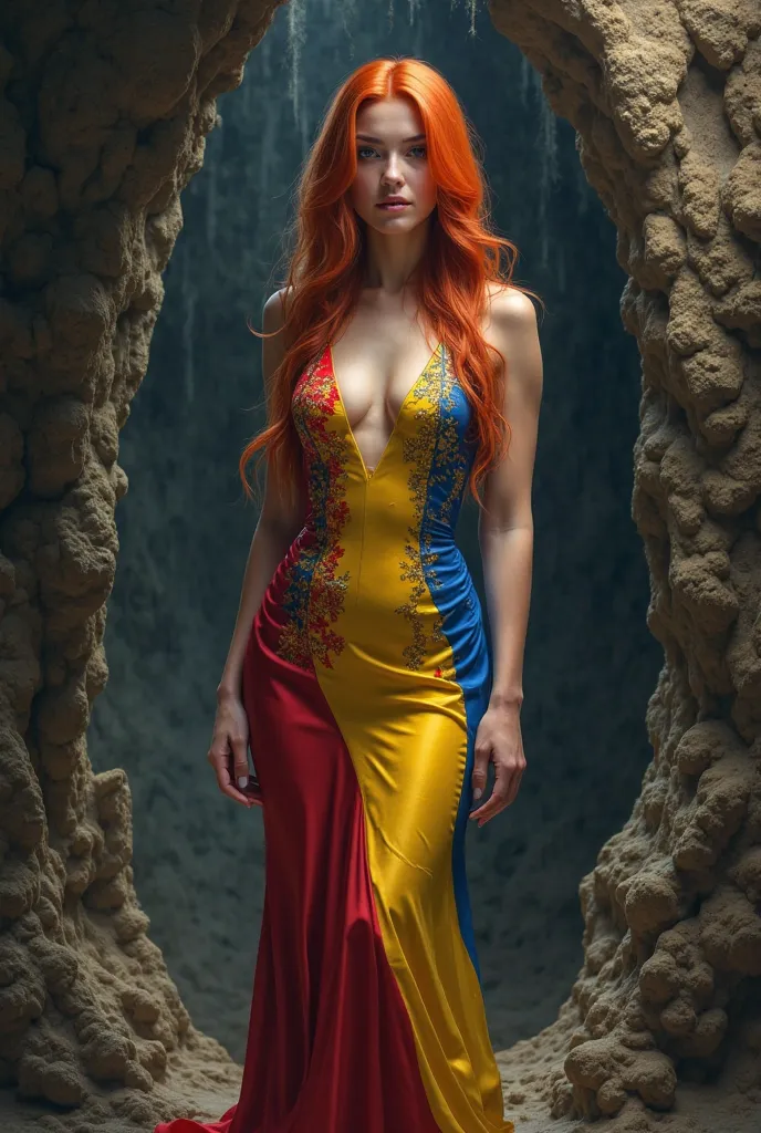 Beautiful woman her hair is long red her beautiful sexy dress is the color of the Venezuelan flag yellow blue and red.She is from a dragon she is in a cave looking straight ahead