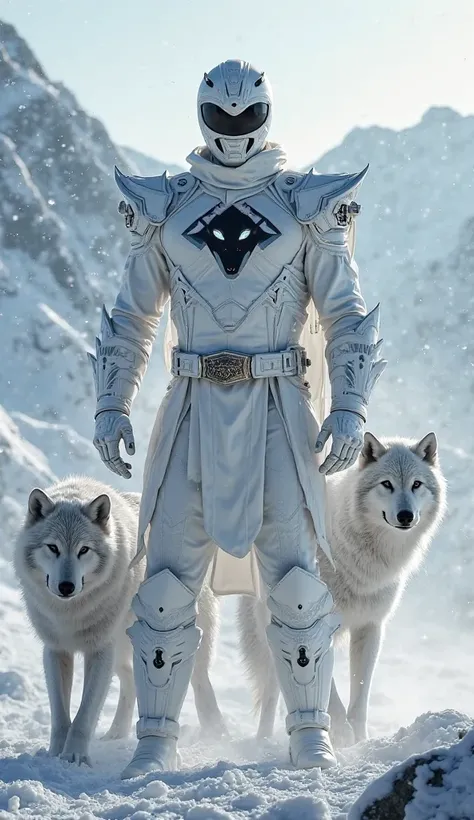 Power ranger white color on the chest wolf logo color black color in Siberia and large mountains around and accompanying wolves 