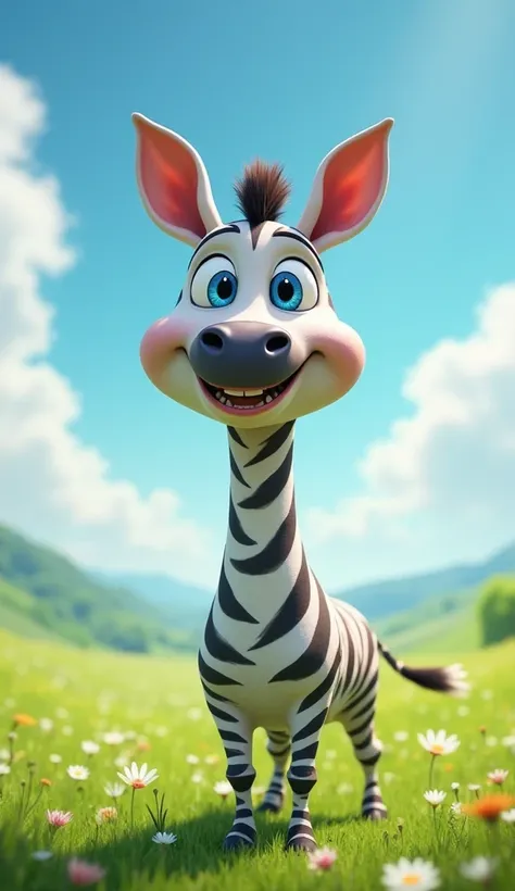 An animated zebra with big blue eyes and a smile in an open field under a blue sky with some clouds. There is light green text over the image.