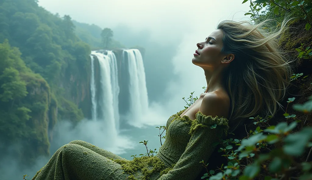 impressive double exposure art of a beautiful woman lying in a mountain looking up at the sky, her body is made completely out of old age and her hair falls into the basin forming an abundant waterfall a large waterfall that emerges from her hair and the r...