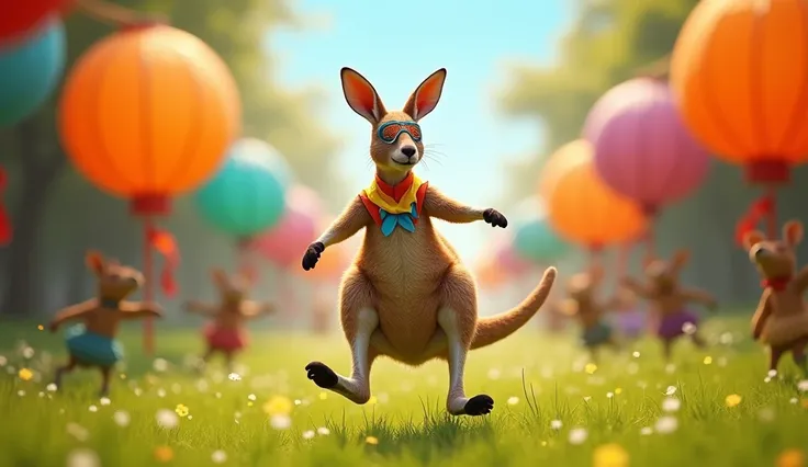 A mischievous kangaroo bouncing down a grassy field lined with colorful paper lanterns. The kangaroo is dressed in a festive costume with a tiny carnival mask and is surrounded by other playful animals in bright outfits. The scene is full of fluid, exagger...