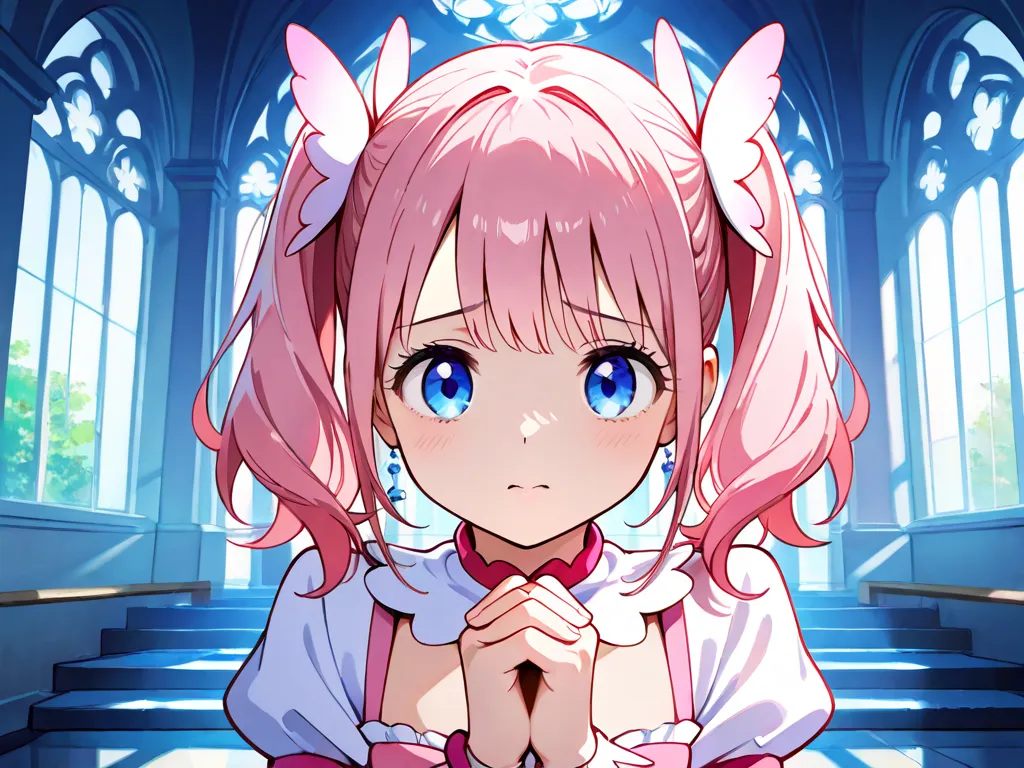 pink hair　long hair　 blue eyes　White hair ornament　Magical Girl　pray　 pink clothes　put hands together　Highest quality　cute　 sad face　 sideways