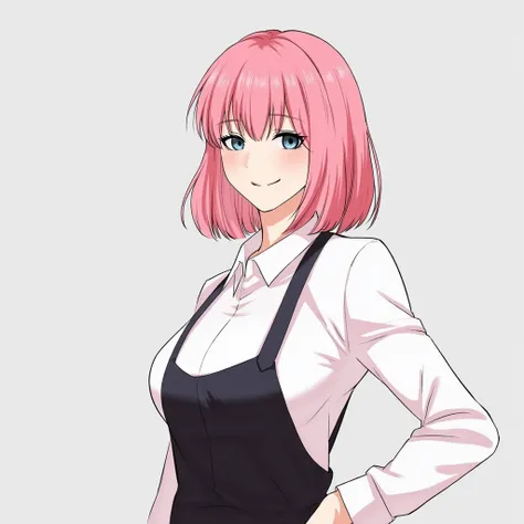 Inner scene "look" Manga with a tall female character, athletic figure, shoulder-length hair, pink hair, sharp angular facial features , Good shape,  Beautiful appearance White long-sleeved shirt White coveralls Slim dark clothing, Confident and relaxed po...