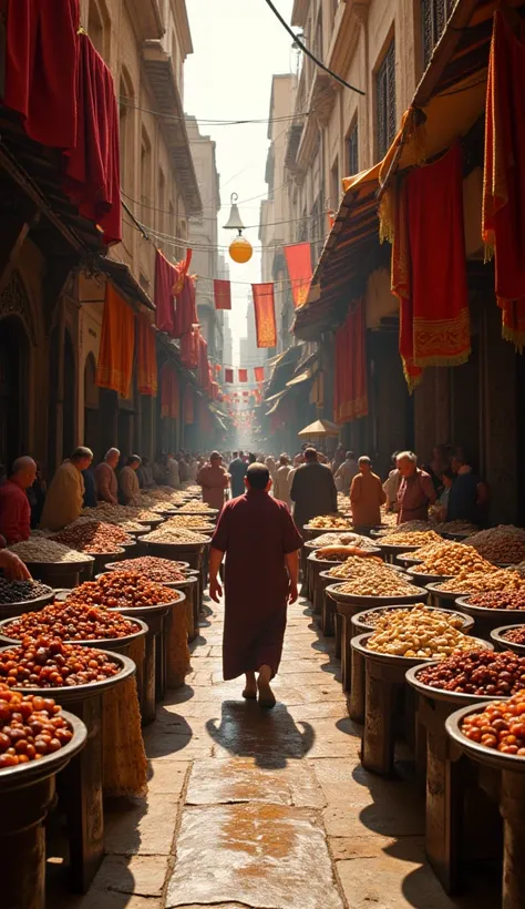 POV: walking through the bustling markets of ancient Sodom, hands brushing against exotic silks, trays of ripe dates and bread displayed on marble tables, merchants shouting, drunken revelers laughing, intense colors and immersive atmosphere.