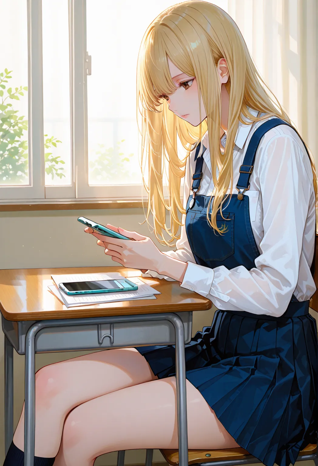 school plan,,skirt,Woman 1,Sitting cross-legged at a desk,expressionless,Blonde, brown eyes, long hair,Looking at a smartphone 