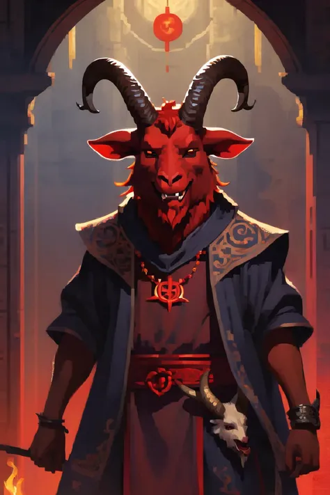 the devil, with the head of a goat and the body of a man. red skin. smiling happily. with horns and a small pentagram on the forehead