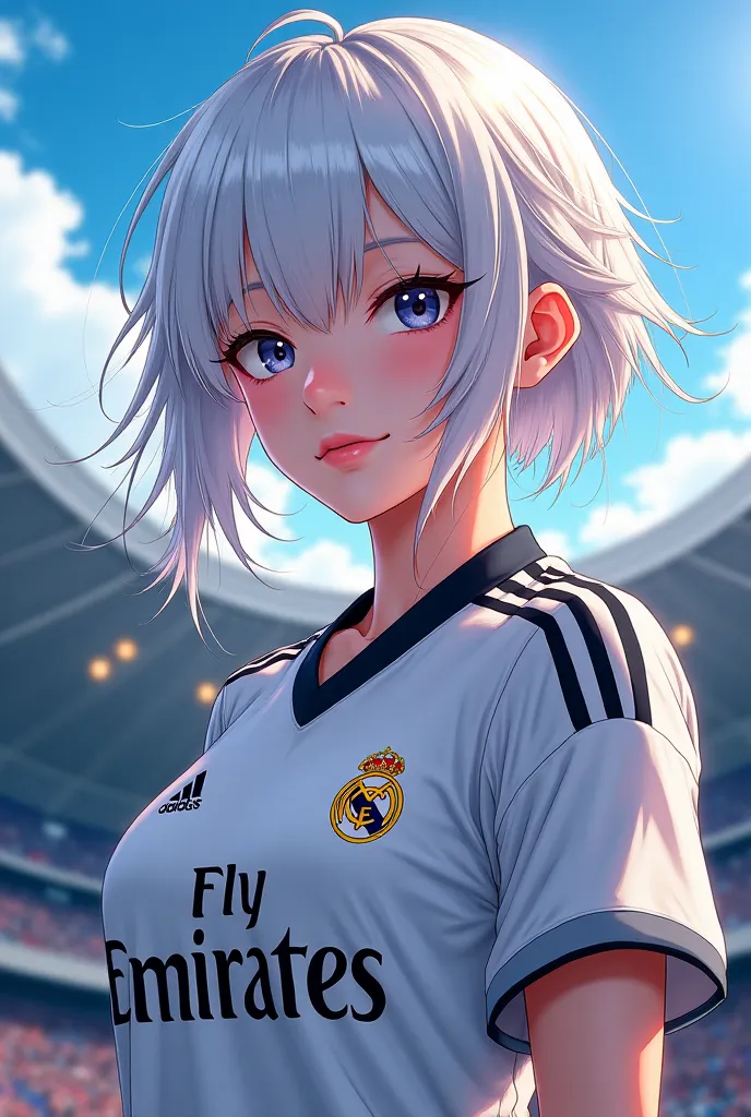 You can make a woman in anime wearing the Real Madrid shirt and have white hair 