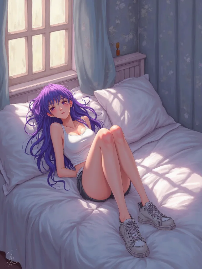 Girl lying in bed wearing sneakers, purple hair 