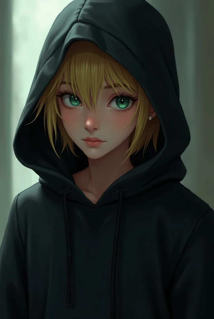 a ager with blond hair and green eyes in a black hoodie 