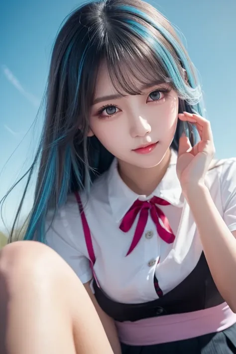 (  Details beautiful eyes and   Details face, masterpiece side light, masterpiece,  top quality ,   Details,  High Resolution Illustration ), ( 1 girl,  beautiful girls,  Shiny Skin,  Look Down,  Watch Viewers ), (  long sky blue hair , pink eye,  skirt , ...