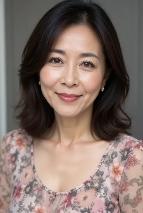 A close-up image of a middle-aged  Japanese woman wearing a floral print A-line dress with a soft scoop neckline. She has  semi-long wavy hair , kind smile,  in、lightly resting her hands on shoulders .  There is a gray wall with a hint of a floral pattern ...
