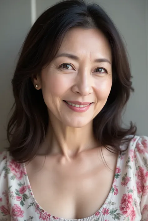 A close-up image of a middle-aged  Japanese woman wearing a floral print A-line dress with a soft scoop neckline. She has  semi-long wavy hair , kind smile,  in、lightly resting her hands on shoulders .  There is a gray wall with a hint of a floral pattern ...