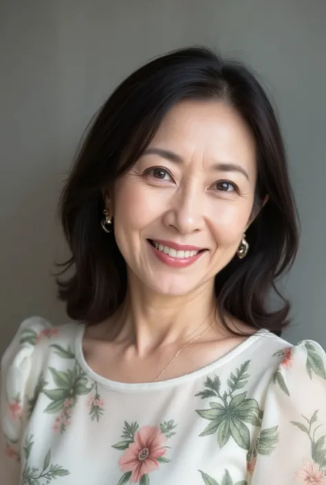 A close-up image of a middle-aged  Japanese woman wearing a floral print A-line dress with a soft scoop neckline. She has  semi-long wavy hair , kind smile,  in、lightly resting her hands on shoulders .  There is a gray wall with a hint of a floral pattern ...