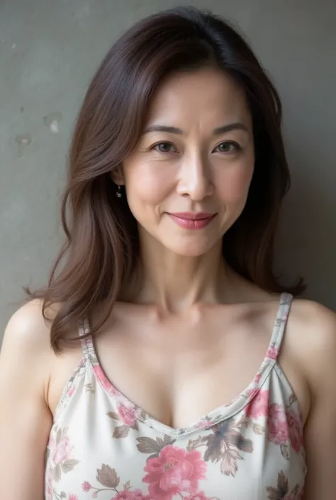 A close-up image of a middle-aged Japanese woman wearing a floral print A-line dress with a soft scoop neckline. She has semi-long wavy hair , kind smile, in、lightly resting her hands on shoulders . There is a gray wall with a hint of a floral pattern ...
