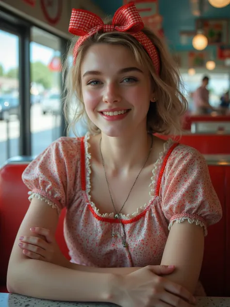 The girl who works in a 1950s American diner is 16, staff who serve or assist customers or visitors, emotional smile, so cute, waitres,  upper body photo,  snapshot, Diner uniform, IN.S.1950s Retor Style