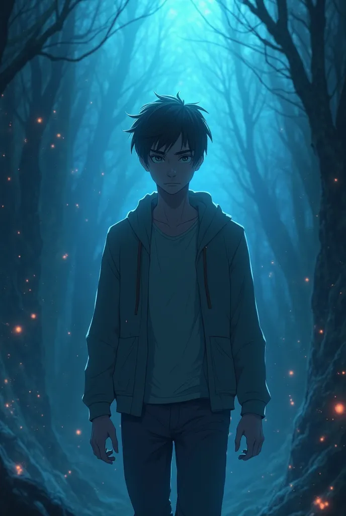 young man of 19 years old animated in the background of a cover, moving away,  dark and mysterious background ; rays blue environment, rays and sparks, Shadows chase him around
