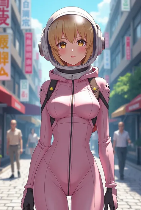 Anime style featuring a beautiful girl with a slim figure, short blonde hair, wearing a form-fitting light pink outfit and a space helmet. The setting is a high-tech street in a fantasy world, with a realistic and vibrant color scheme.