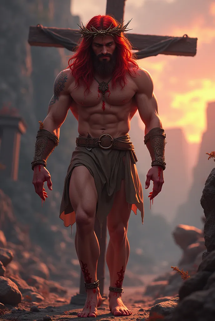 25-year-old man in the style of a video game, with a look that mixes confusion and euphoria and malice, dressed as a Greek God, his long red hair wearing a crown of thorns, his hands and feet have piercings from someone who was crucified but was removed fr...