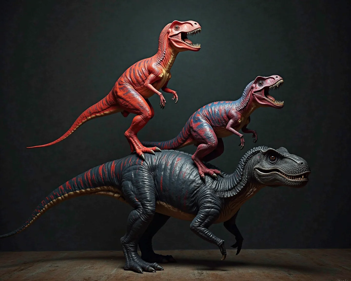 Two velocirapts, one painted red with stripes, another painted blue with stripes on the skin, mounted on top of a black T-rex, hyper-realistic,4K,8k,OIL PAINTING,photorealistic,studio lighting,vibrant colors,dark color palette,gothic atmosphere, Medieval s...