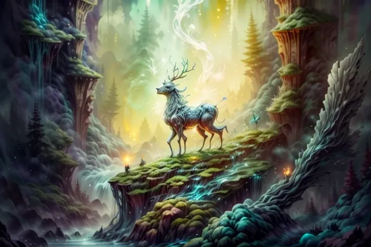 Lord of the Mountains、A large deified reindeer、Dark Fantasy Style, Conceptual art inspired by luminescent jellyfish , Focus from the side,  magical creature ，Mysterious Water , On frozen sports lake, Bioluminescent pixels glow, Glowing neon splash energy, 