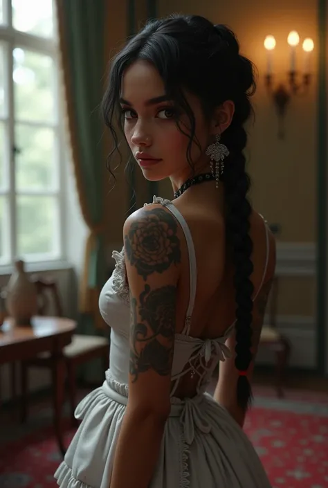 Skinny Ebony submissive maid, tattoos on arms,  braided hair 