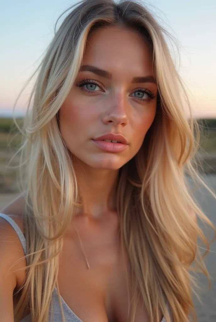 A stunning young woman with long, straight blonde hair and piercing blue eyes,. She has a confident and alluring expression, posing casually. Her makeup is flawless, featuring soft pink lips, well-defined eyebrows, and subtle smoky eyeshadow. The backgroun...