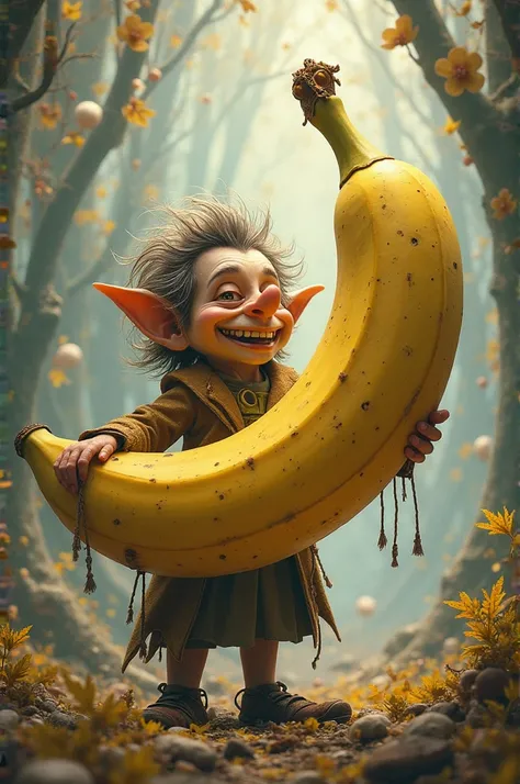 Generate an image showing Rumpelstiltskin with a large banana in his hand