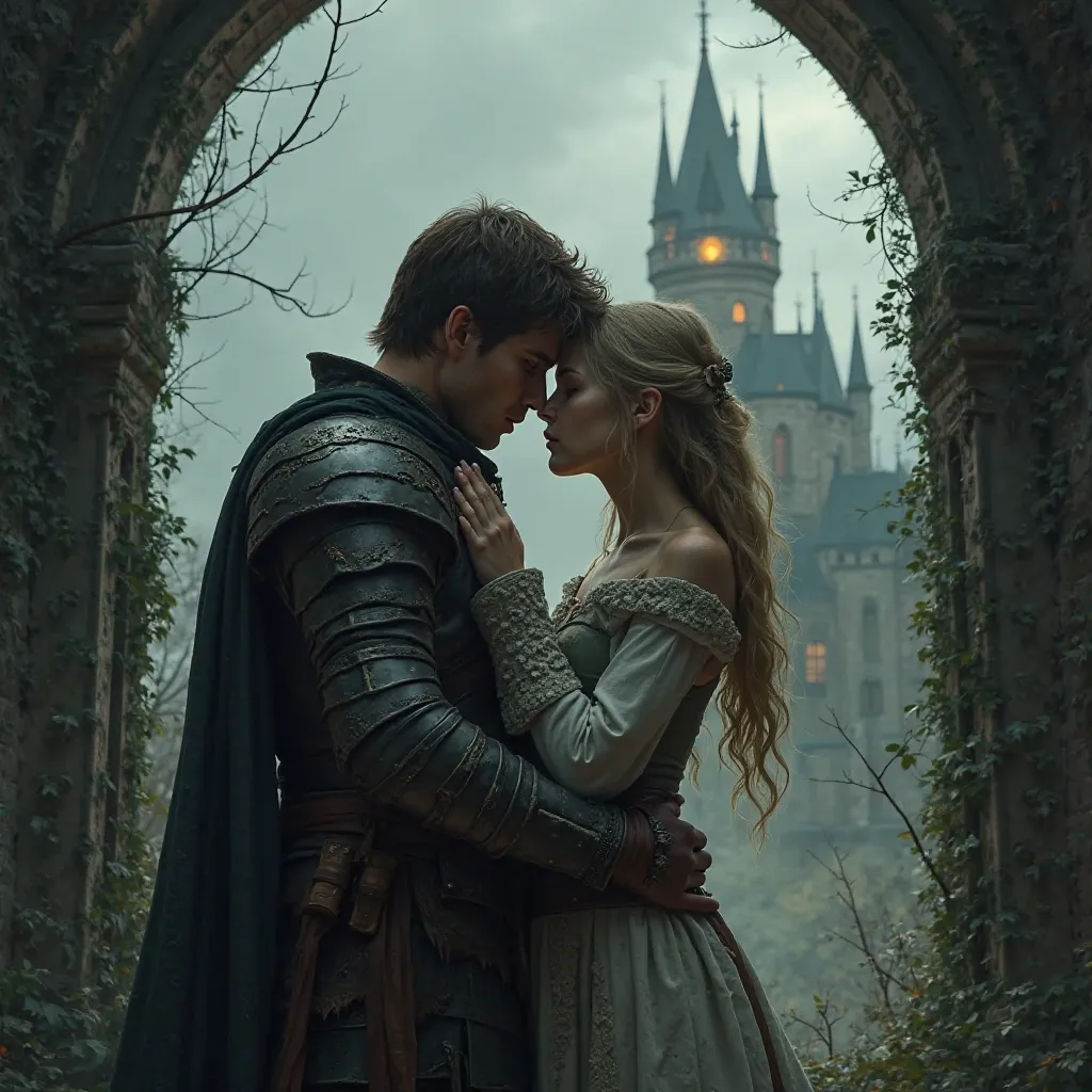 Man warrior brown hair short hair and female warrior blonde in love with a haunted castle in the background 