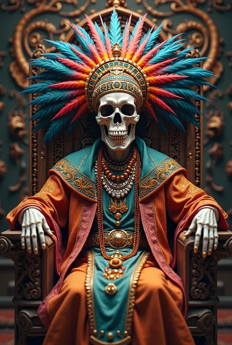 I want a skull with costumes based on Aztec and Mayan culture sitting on a throne 