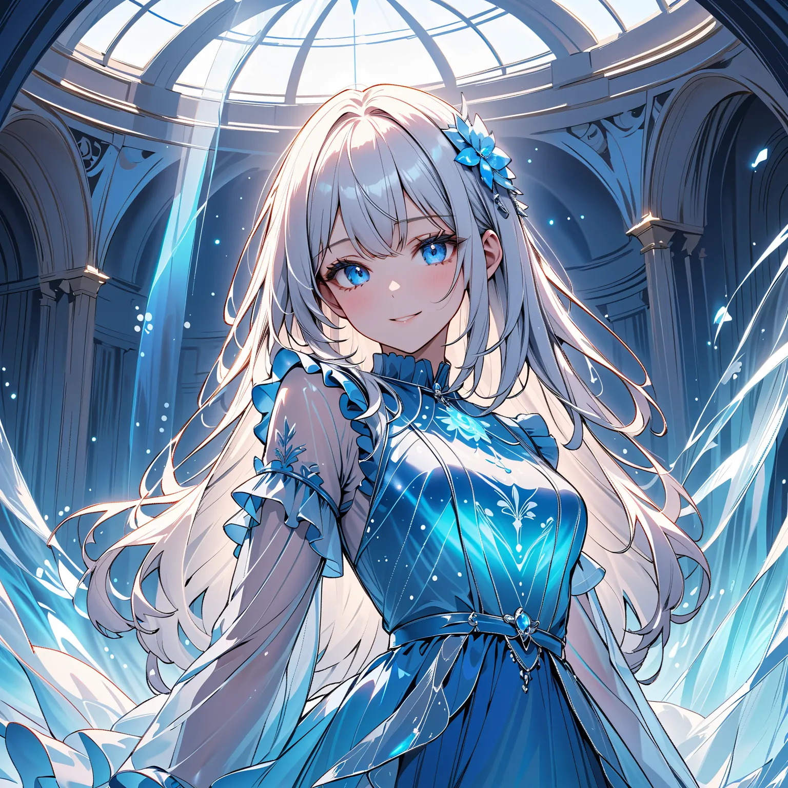 (transparent blue theme art),(top-quality),(masterpiece),(medium shot:1.5),((glowing)),((arms behind side)),Silky to the touch,Hyper Detail,(1 girl),(solo),Delicately drawn face,girl with a pretty face,beautiful detailed transparent blue eyes,beautiful det...